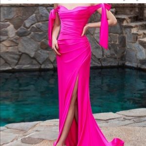 Hot Pink stretchy off shoulder formal gown dress,slit train